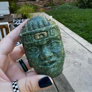 Vintage Crushed Green Stone Malachite Mayan Aztec Sculptural Head